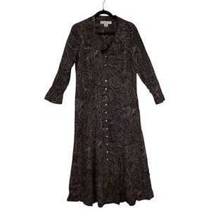 David Warren New York Paisley Button-Down Midi Dress 12P Black & Beige Womens